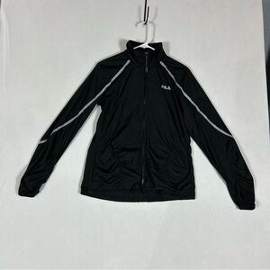 Fila Sport Black Windbreaker Womens Medium M Packable Hood Pockets Thumbholes